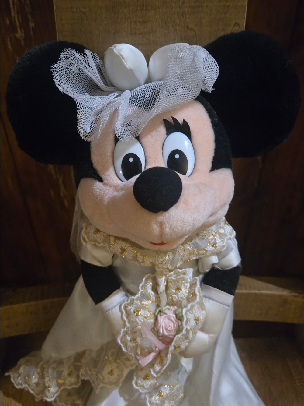 Vintage Disney Minnie Mouse Plush in White and Black Wedding Outfit